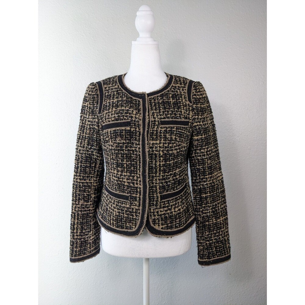 Trina Turk Sz 0 Claudia Brown Black Boucle‎ Tweed Snap Button Blazer Jacket N18